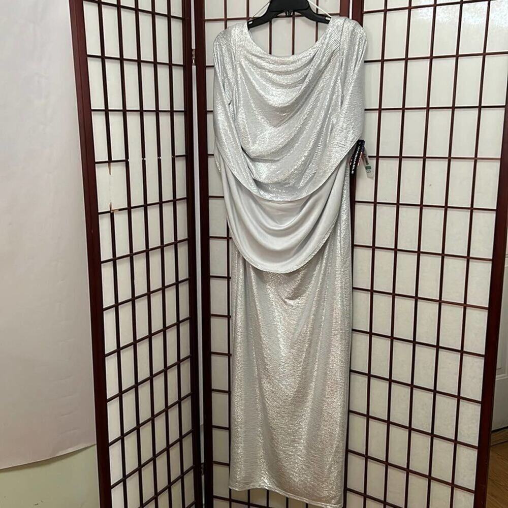 NWT R & M RICHARDS METALLIC SILVER DRAPE FRONT BODYCON MAXI DRESS SIZE 8P